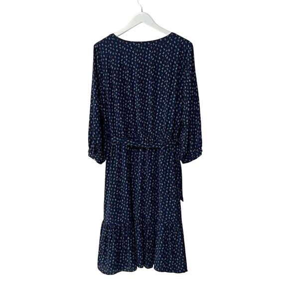 Talbots Midi Dress Size 10 Anchor Nautical Flounce Hem Split Neck Belted Navy - Picture 2 of 10
